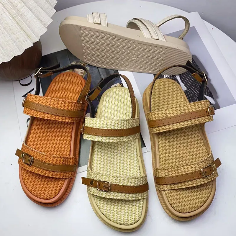 Straw-Weave Double-Buckle Sandals