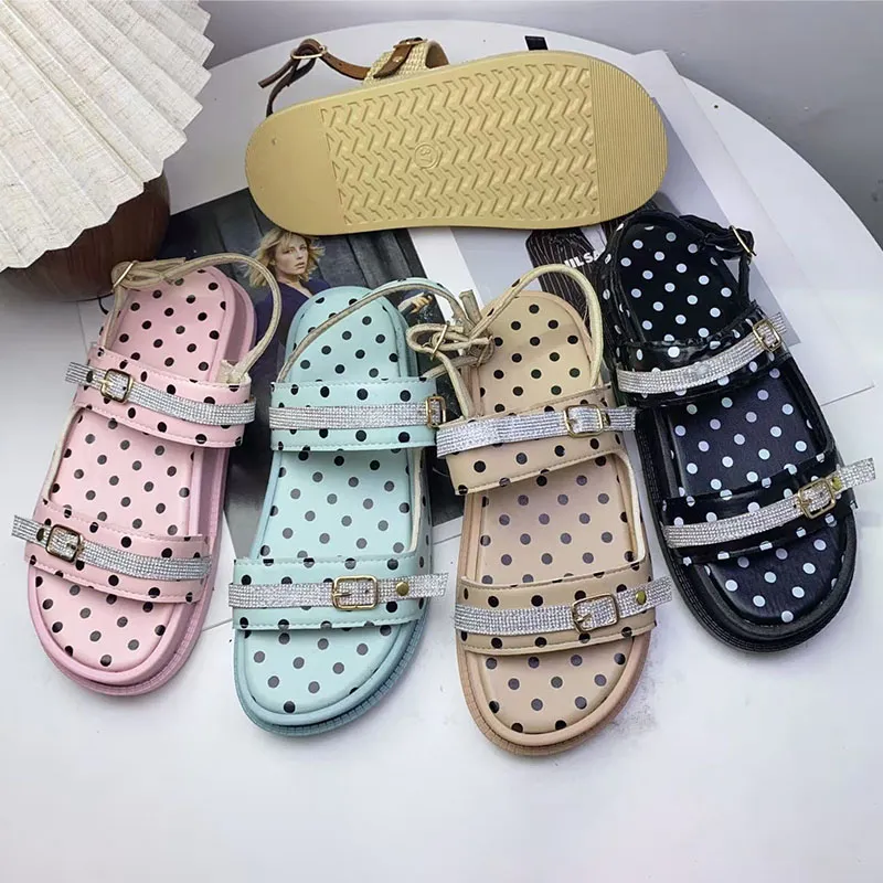 Polka Dot Rhinestone Double-Buckle Sandals