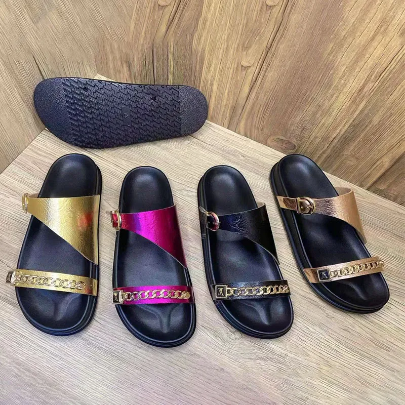 Metallic Buckle Patent Leather Slides